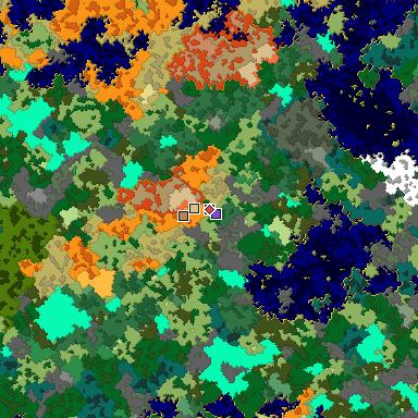 Predicted biome map of Java 1.16 seed 7283930106489130021 around estimated spawn