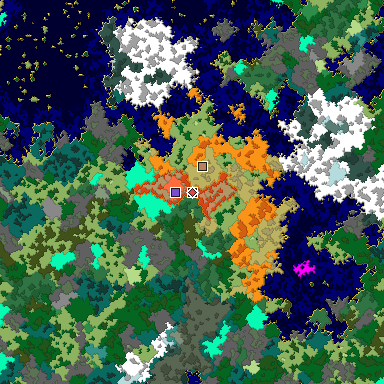 Predicted biome map of Java 1.16 seed 2787446551479701927 around estimated spawn
