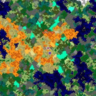 Predicted biome map of Java 1.16 seed 3154099369554562002 around estimated spawn