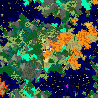 Predicted biome map of Java 1.16 seed -2582805179640664489 around estimated spawn