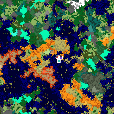 Predicted biome map of Java 1.16 seed 7419087950086049909 around estimated spawn