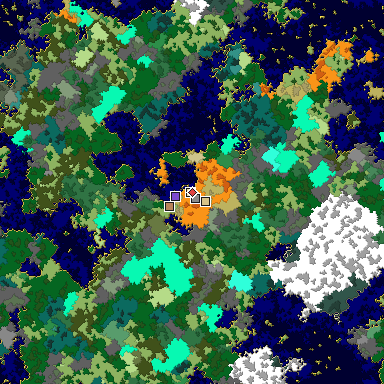 Predicted biome map of Java 1.16 seed -7257327995718242582 around estimated spawn