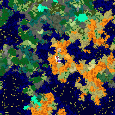 Predicted biome map of Java 1.16 seed 3934140793615599454 around estimated spawn