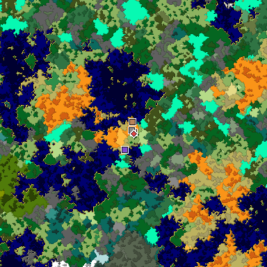 Predicted biome map of Java 1.16 seed 3428485515971041550 around estimated spawn