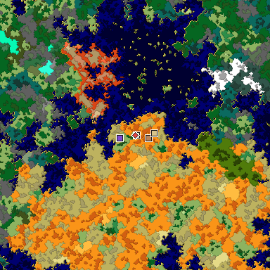 Predicted biome map of Java 1.16 seed 1280339995679508072 around estimated spawn