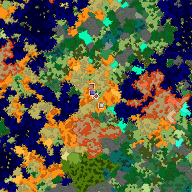 Predicted biome map of Java 1.16 seed -1583938845707710383 around estimated spawn