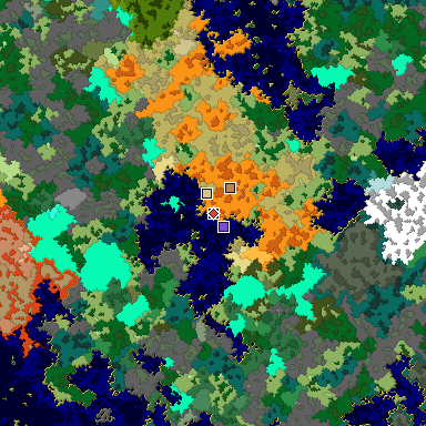 Predicted biome map of Java 1.16 seed -4577567562080840795 around estimated spawn