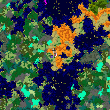 Predicted biome map of Java 1.16 seed 3639380460104553879 around estimated spawn