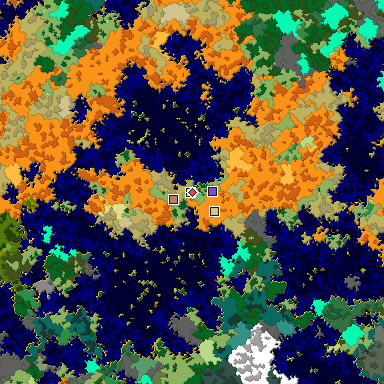 Predicted biome map of Java 1.16 seed 8087127970396233386 around estimated spawn