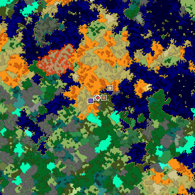 Predicted biome map of Java 1.16 seed 4231543579238999173 around estimated spawn