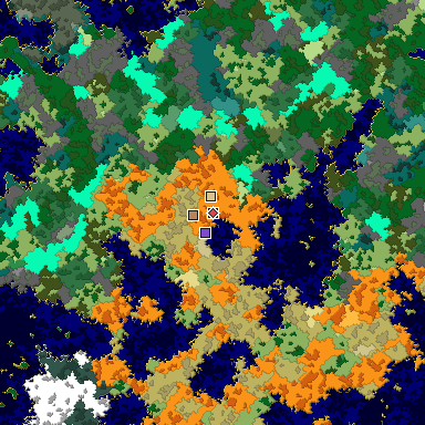 Predicted biome map of Java 1.16 seed -1040378437240472189 around estimated spawn