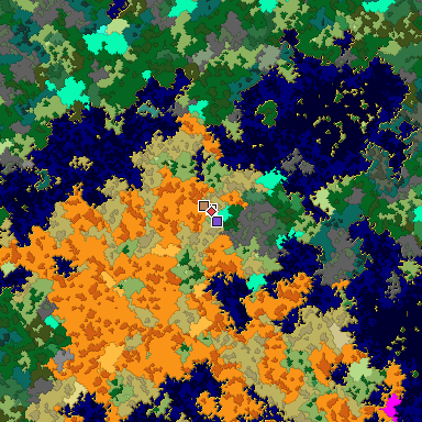 Predicted biome map of Java 1.16 seed -3668042321734339679 around estimated spawn