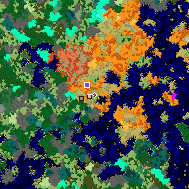 Predicted biome map of Java 1.16 seed 8068359885246727661 around estimated spawn
