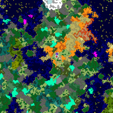 Predicted biome map of Java 1.16 seed 4377669606169196365 around estimated spawn
