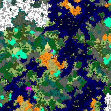 Predicted biome map of Java 1.16 seed 779703547262537389 around estimated spawn