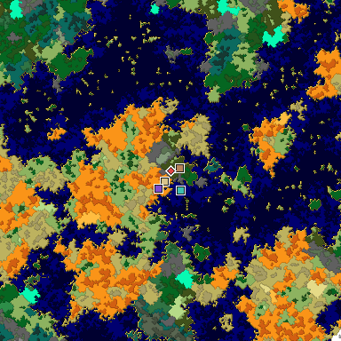 Predicted biome map of Java 1.16 seed -8657478904450356684 around estimated spawn
