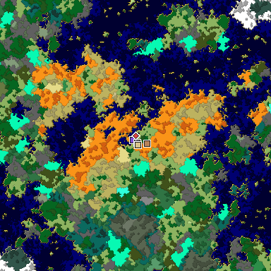 Predicted biome map of Java 1.16 seed -8957711381352778417 around estimated spawn