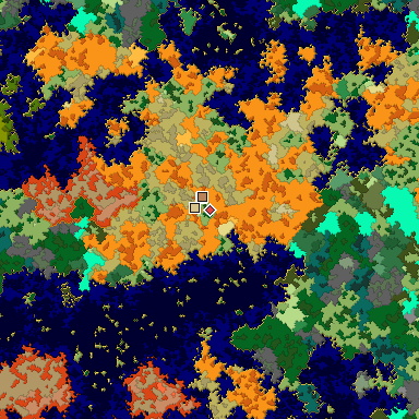 Predicted biome map of Java 1.16 seed -3950601493603123942 around estimated spawn