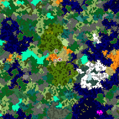 Predicted biome map of Java 1.16 seed -5923407325612397455 around estimated spawn