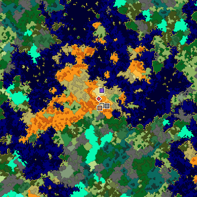 Predicted biome map of Java 1.16 seed -7634754585575673312 around estimated spawn