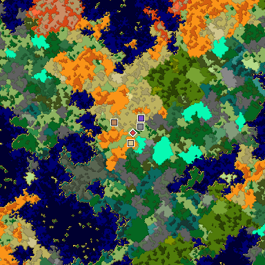 Predicted biome map of Java 1.16 seed -3884347942289947366 around estimated spawn