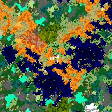 Predicted biome map of Java 1.16 seed -4432825894743265902 around estimated spawn