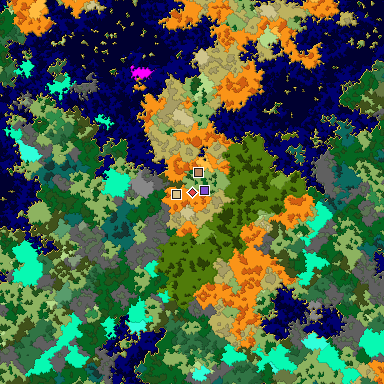 Predicted biome map of Java 1.16 seed 8671644264494648247 around estimated spawn