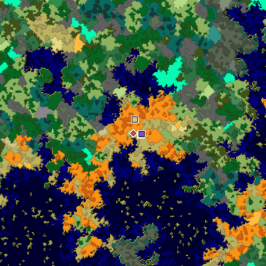 Predicted biome map of Java 1.16 seed 1223955917842096861 around estimated spawn