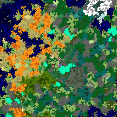 Predicted biome map of Java 1.16 seed 3465030579421167303 around estimated spawn