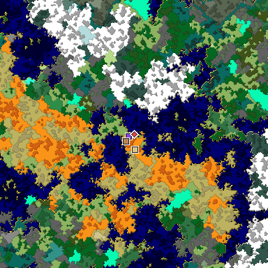 Predicted biome map of Java 1.16 seed 889791081650995907 around estimated spawn