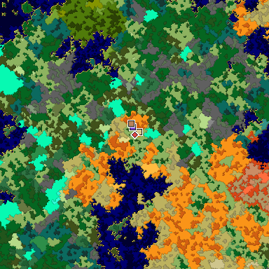 Predicted biome map of Java 1.16 seed -6629374905204603082 around estimated spawn