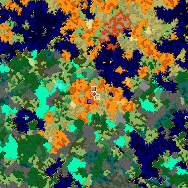 Predicted biome map of Java 1.16 seed -2173814695529297574 around estimated spawn