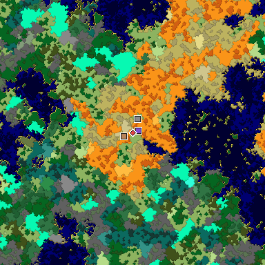 Predicted biome map of Java 1.16 seed 7445272725514458986 around estimated spawn