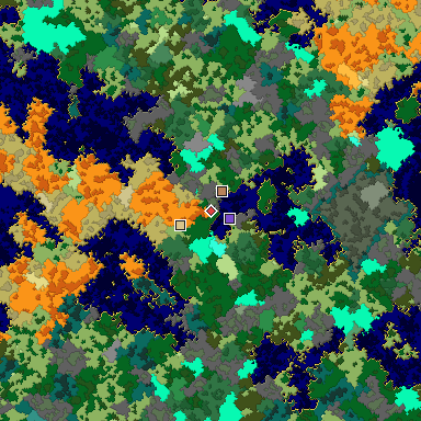 Predicted biome map of Java 1.16 seed -1763313373435665843 around estimated spawn
