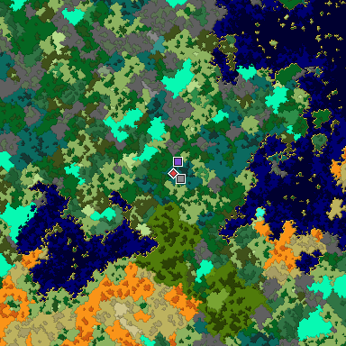 Predicted biome map of Java 1.16 seed -4518272399702127304 around estimated spawn