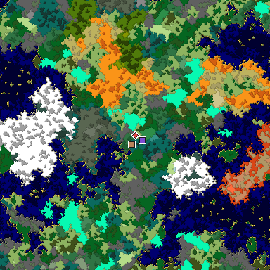 Predicted biome map of Java 1.16 seed -7415535228662235937 around estimated spawn