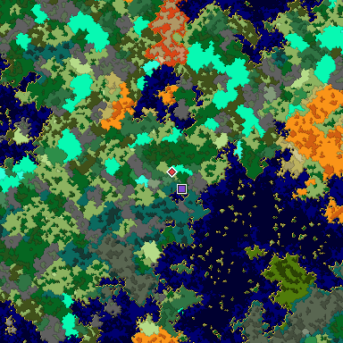 Predicted biome map of Java 1.16 seed -3745379465228610101 around estimated spawn