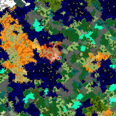 Predicted biome map of Java 1.16 seed 2884287986989989933 around estimated spawn