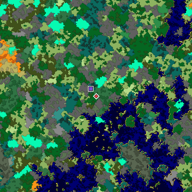Predicted biome map of Java 1.16 seed 4554591021536602404 around estimated spawn