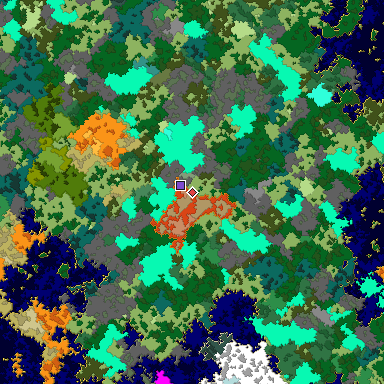 Predicted biome map of Java 1.16 seed -5127456123256144618 around estimated spawn