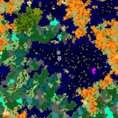 Predicted biome map of Java 1.16 seed 1586210385225036048 around estimated spawn