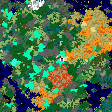 Predicted biome map of Java 1.16 seed 8701094081640604401 around estimated spawn
