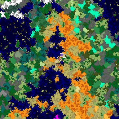 Predicted biome map of Java 1.16 seed -277459305571974738 around estimated spawn