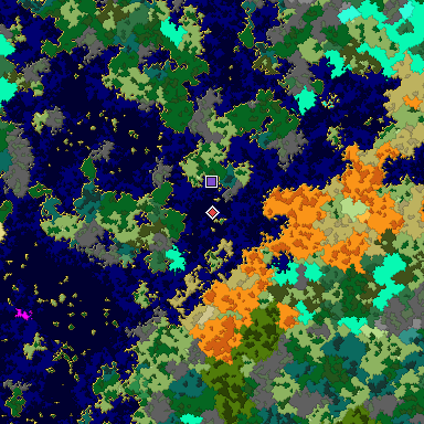 Predicted biome map of Java 1.16 seed 3505277742362510369 around estimated spawn