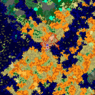 Predicted biome map of Java 1.16 seed 7976093135559833129 around estimated spawn