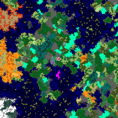 Predicted biome map of Java 1.16 seed -2565455026579598466 around estimated spawn