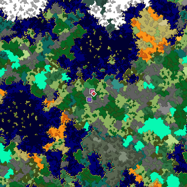Predicted biome map of Java 1.16 seed -1050018125133211439 around estimated spawn