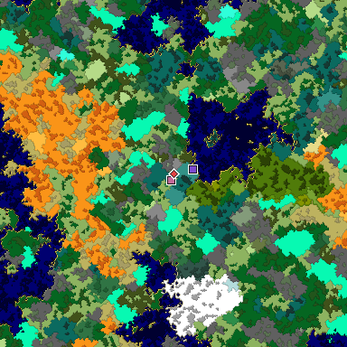 Predicted biome map of Java 1.16 seed 384901546226591422 around estimated spawn