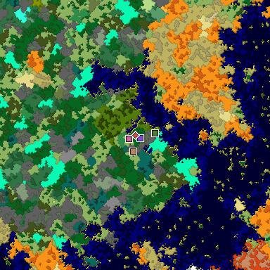 Predicted biome map of Java 1.16 seed 5861301225162664397 around estimated spawn