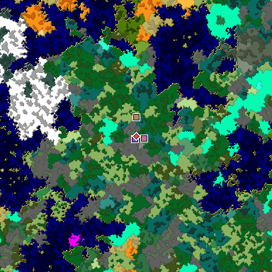 Predicted biome map of Java 1.16 seed -3334435119561126475 around estimated spawn